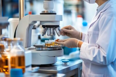 An unidentified operator or chemist tests moisture content in a sample using an automatic moisture balance, as part of quality control in the pharmaceutical industry