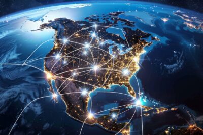 A digital illustration depicting North America with glowing city lights interconnected by a web of lines representing communication and data flow. This image symbolizes globalization, interconnectedness, technology, communication, and progress.